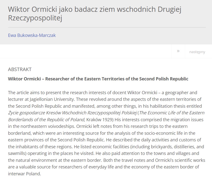 Artykuł dr Ewy Bukowskiej-Marczak Wiktor Ormicki jako badacz ziem wschodnich Drugiej Rzeczypospolitej