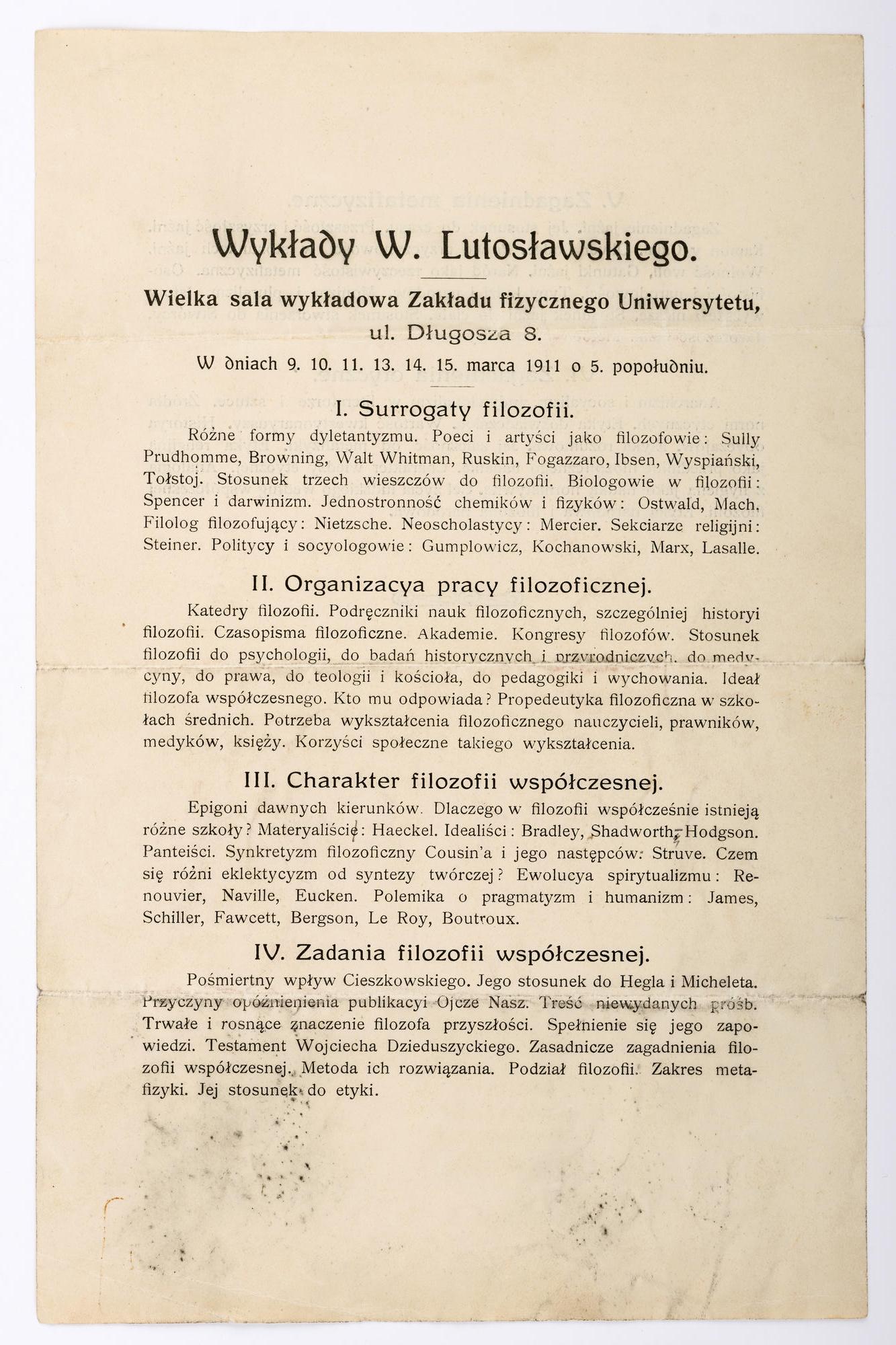 Program wykładów Wincentego Lutosławskiego, kliknięcie na zdjęcie spowoduje jego powiększenie