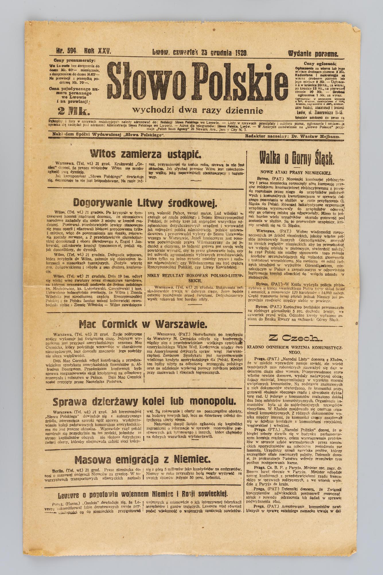 Słowo Polskie (wydanie poranne), 23.12.1920, Nr 594, Rok XXV, kliknięcie na zdjęcie spowoduje jego powiększenie