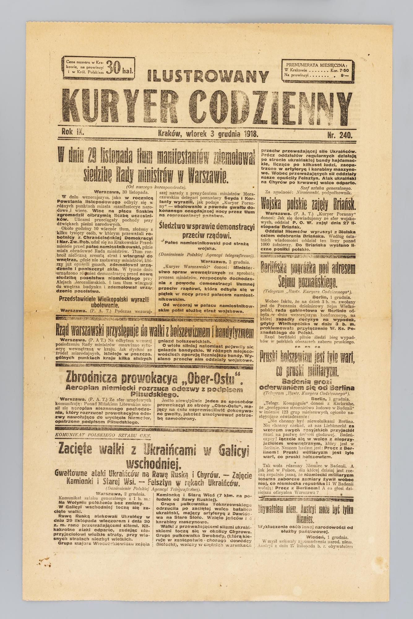 Ilustrowany Kuryer Codzienny, 03.12.1918, Rok IX, Nr 240, kliknięcie na zdjęcie spowoduje jego powiększenie