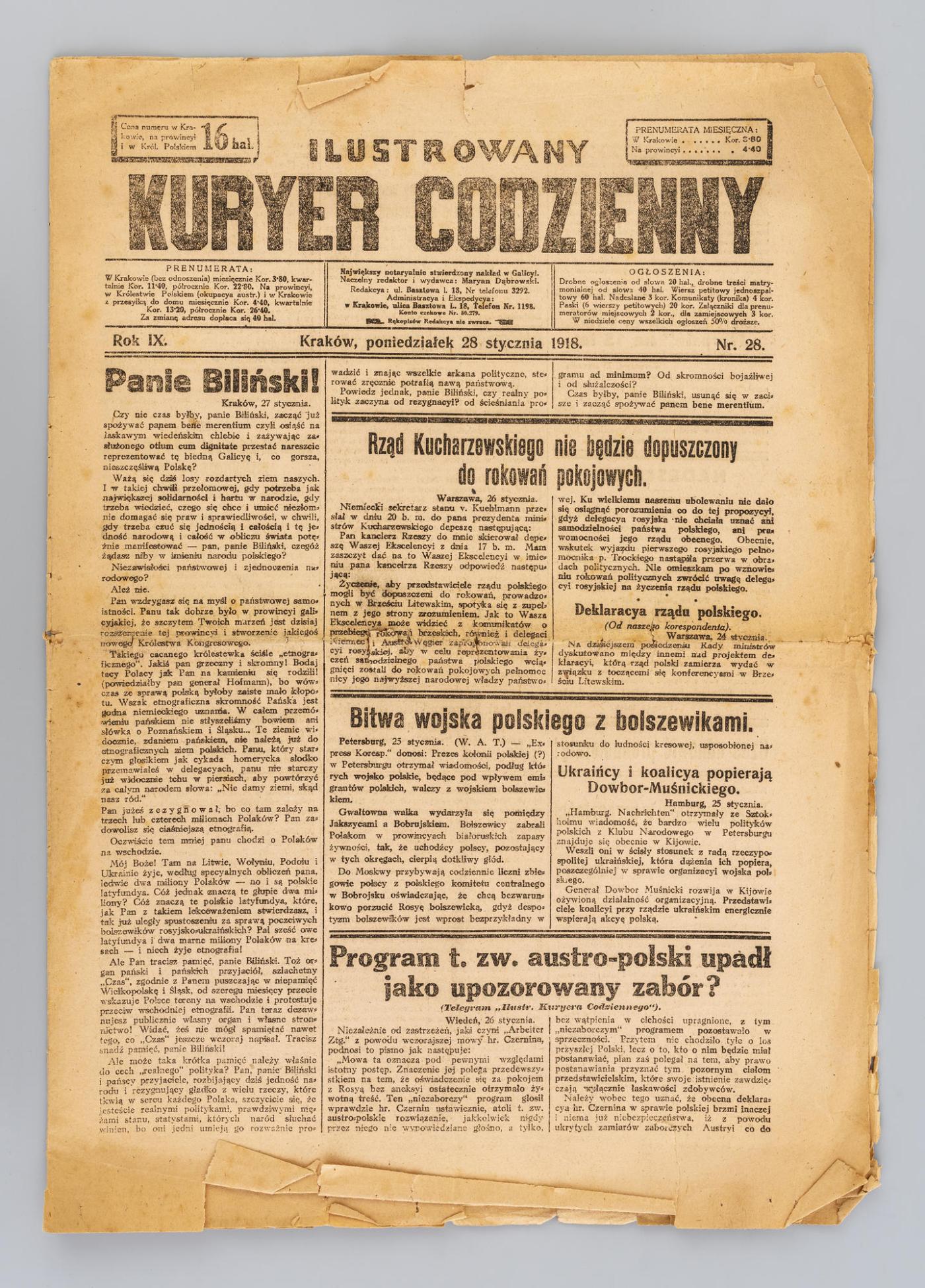 Ilustrowany Kuryer Codzienny, 28.01.1918, Rok IX, Nr 28, kliknięcie na zdjęcie spowoduje jego powiększenie