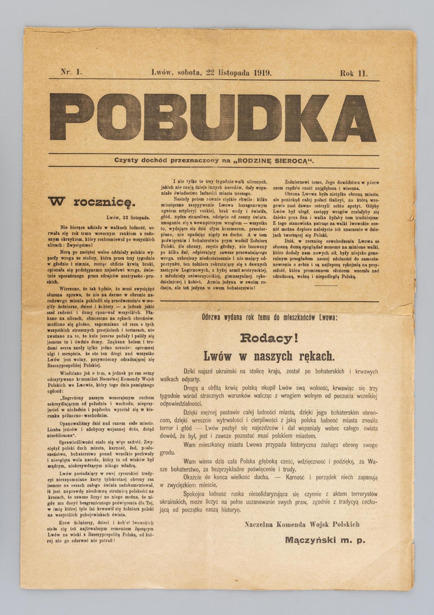 Pobudka, 22.11.1919, Nr 1, Rok II, kliknięcie na zdjęcie spowoduje jego powiększenie