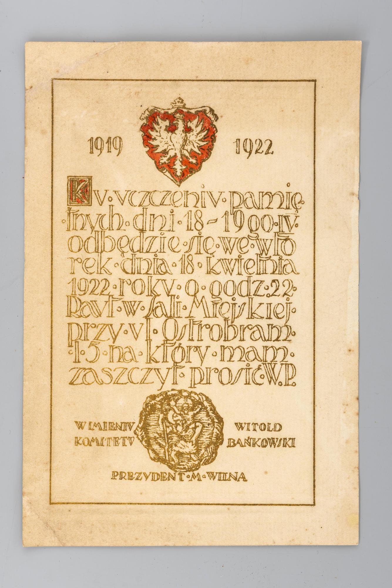 Zaproszenia Prezydenta Miasta Wilna, Witolda Bańkowskiego na raut 18.04.1922, kliknięcie na zdjęcie spowoduje jego powiększenie