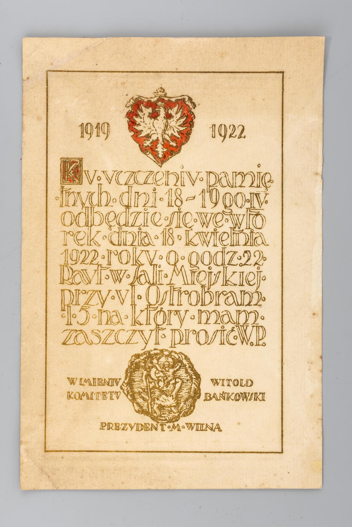 
<span>Zaproszenia Prezydenta Miasta Wilna, Witolda Bańkowskiego na raut 18.04.1922</span>
